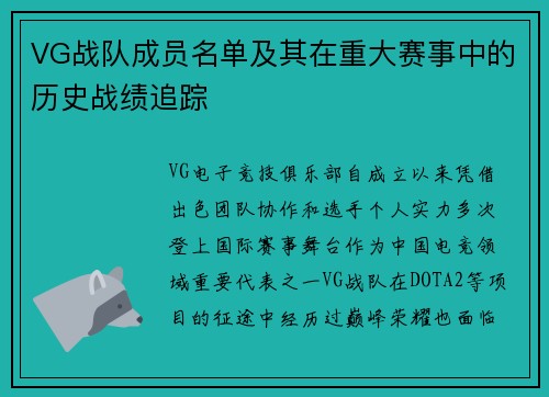 VG战队成员名单及其在重大赛事中的历史战绩追踪