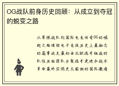 OG战队前身历史回顾：从成立到夺冠的蜕变之路
