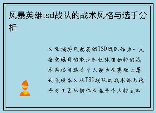 风暴英雄tsd战队的战术风格与选手分析
