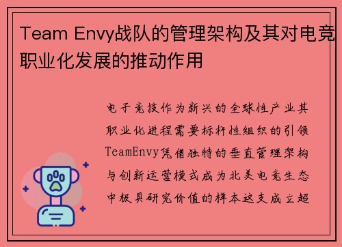 Team Envy战队的管理架构及其对电竞职业化发展的推动作用